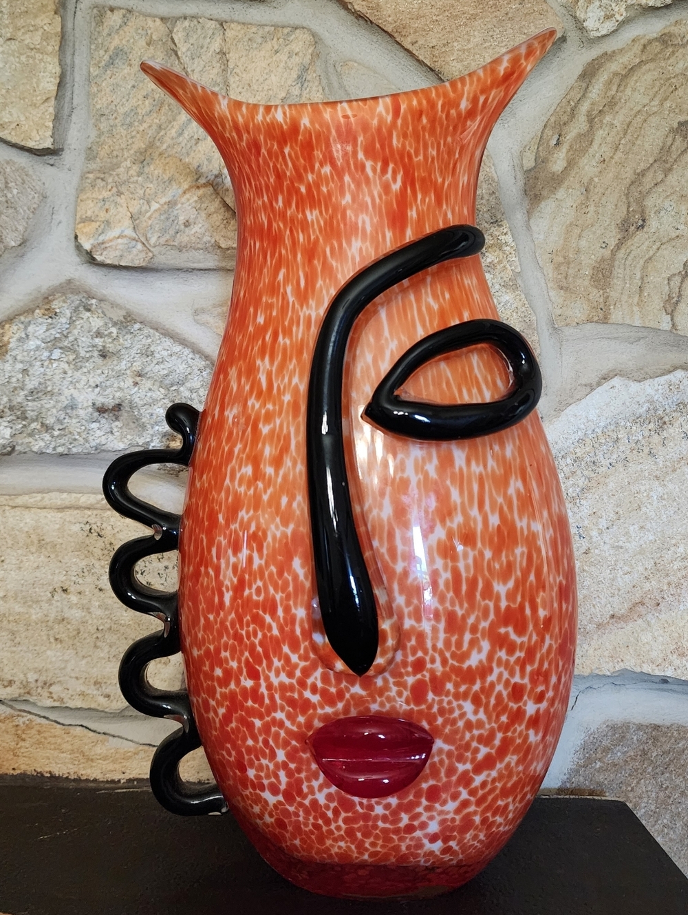 Murano Style Art Glass Vase Picasso Face Orange Speckled 14" Tall Abstract MCM